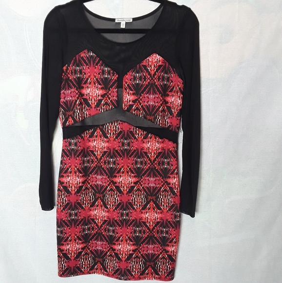 Red Bodycon Dress With Black Mesh Sleeves-Juniors - Picture 2 of 3